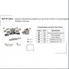 17958 - KIT SISTEMA DESLIZANTE SUSPENSO P/ PORTA ARMARIO/PASSAGEM ROLDANA CONCAV SUPORTA 100KG PERFIL 100C