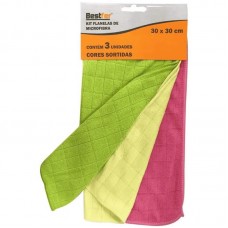 19502 - KIT 3 PEÇAS FLANELA PANO MICROFIBRA 30X30CM BESTFER CORES SORTIDAS